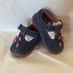 Blue Suede with Pink Flower Detail Baby Shoes